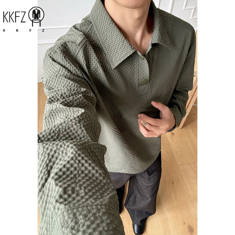 Male Trendy Textured Polo Shirt Lapel Collar Half Button Cropped Silhouette For Short Trip Social Gathering And Street Wear