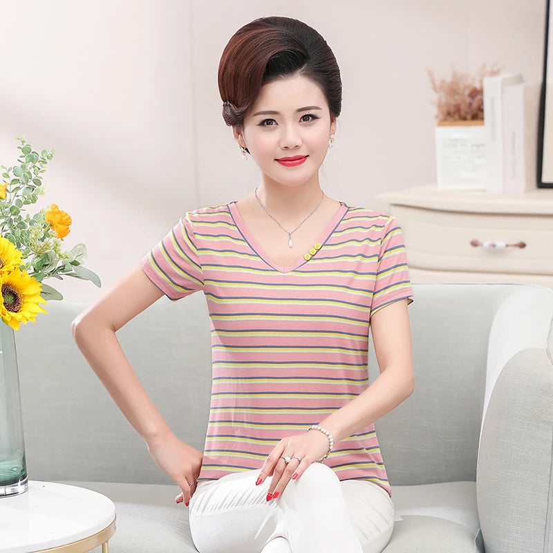 សម្លៀកបំពាក់នារីទាន់សម័យ អាវយឺតដៃខ្លីឆ្នូតៗ រដូវក្តៅ ធម្មតា គ្រប់ម៉ូដ ក V ស្តើង អាវការិយាល័យ អាវយឺតបុរាណ