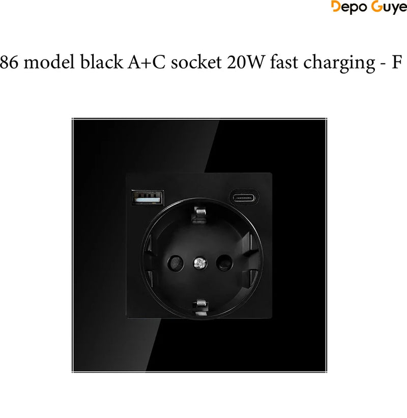 EU Standard 86x86mm Tempered Glass Wall Socket 16A Power Outlet with 5V 2A USB Type C or Dual USB for Home Hotel Office