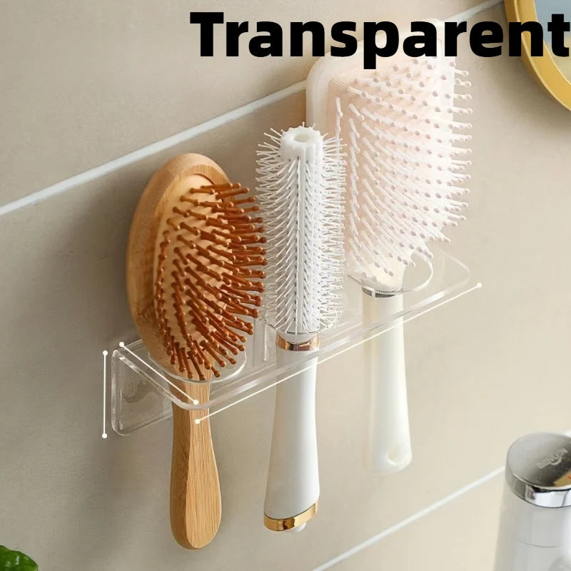 1pc Transparent Plastic Bathroom Organizer Rack, Wall-Mounted No-Drill Storage Rack for Hair Brush. Bathroom Accessori.