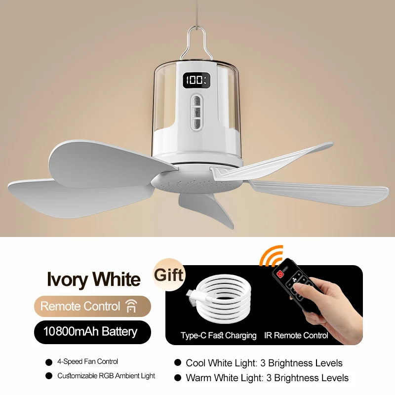 កង្ហារពិដាន 10800mAh កង្ហារដំបូល ភ្លើង RGB ព័ទ្ធជុំវិញ កង្ហារពិដានចល័ត ដំណើរការដោយថ្ម កង្ហារពិដានឥតខ្សែសម្រាប់បោះតង់