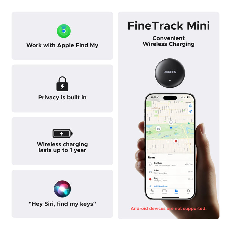 UGREEN FineTrack Item Tracker, Worldwide Locator, 1-Year Battery Life, Wireless Charging, 2-Pack for iOS