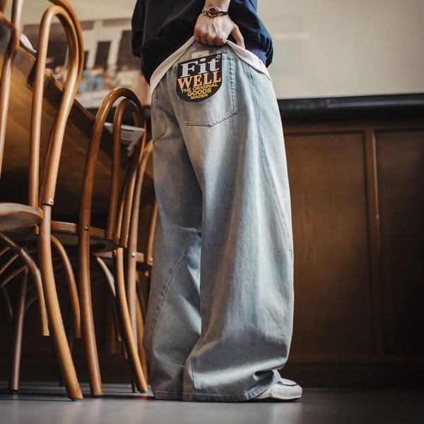 ខោខូវប៊យ MADEN Wash Barrel Wide Leg Baggy Jeans Men Vintage Washed Distressed Denim Curved Wide Leg Relaxed Baggy Y2K Streetwear Casual