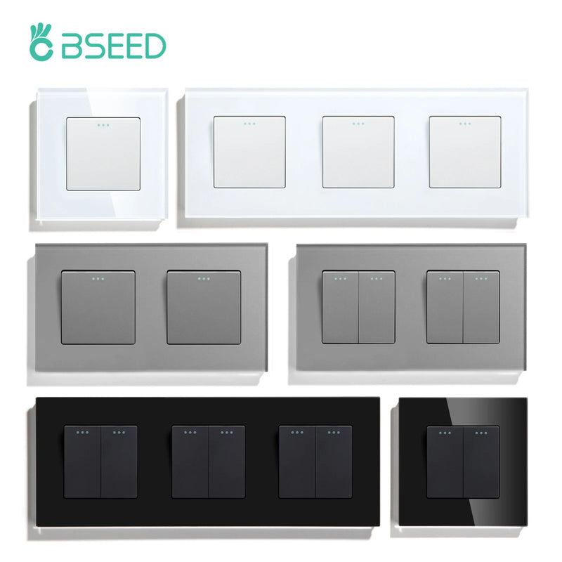 BSEED EU Standard Wall Light Switch 1/2Gang 1Way Toggle Switch Glass Panel Mechanical Wall Switch On Off 10A 250V Blue Backlight