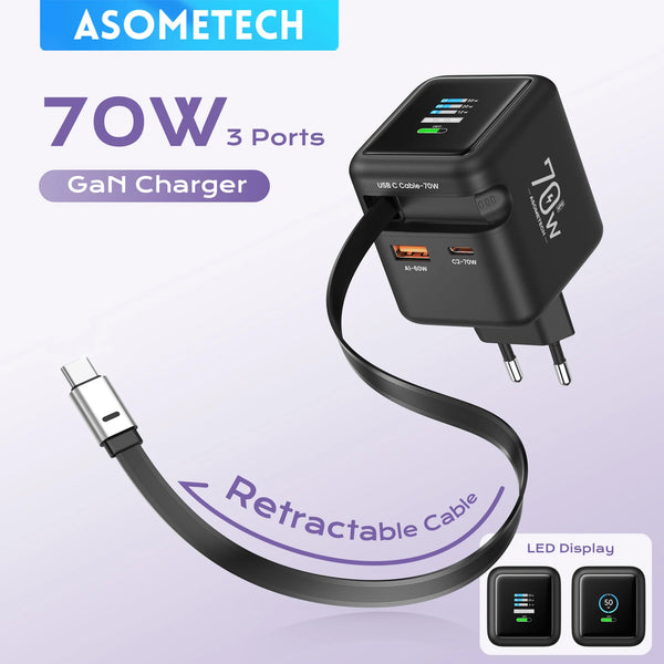 ឆ្នាំងសាកលឿន GaN 70W ជាមួយខ្សែ Type-C ដែលអាចដកថយបាន 3 ក្នុង 1 PD3.0 QC4.0 PPS សាកថ្មលឿនសម្រាប់ iPhone 16 15 14 Xiaomi ថេប្លេត កុំព្យូទ័រយួរដៃ