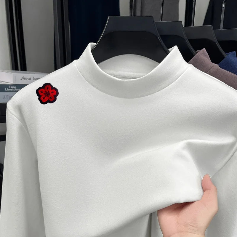 Original Design Man Long-Sleeved T-Shirt Mock Neck Flower Embroidery Dralon Fabric Autumn Winter New Tops Casual Men's Clothing