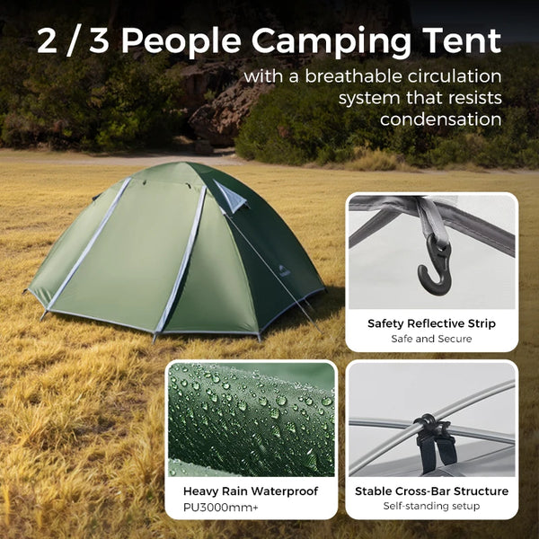 Naturehike 2-3Person Portable Outdoor Storage 210T Double Canopy Double-Layer Camping Tent Waterproof Tent for Cycling&Picnics