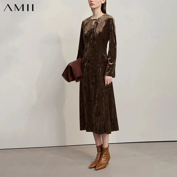 AMII Womens Dresses 2026 Autumn New Retro Long Sleeves A-Line Dress Ladies O-neck Slim Knitted Elegance Woman Clothing 12553103