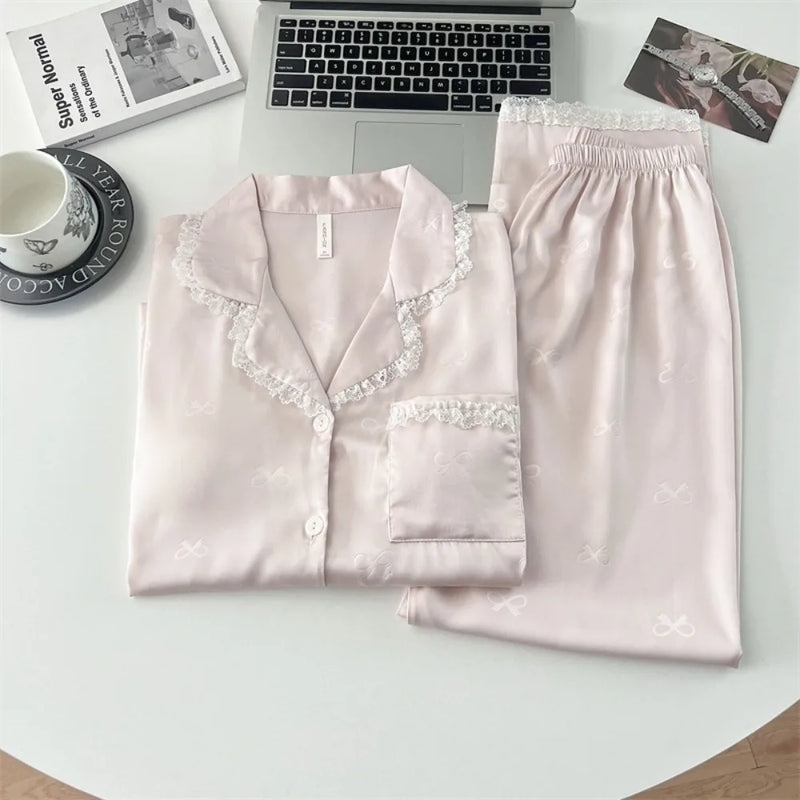 Chest Pad Pyjamas Women Pajamas Sleepwear 2 Piece Sets Spring Autumn Lapel Long Sleeve Ladies Loungewear Suit Print Homewear