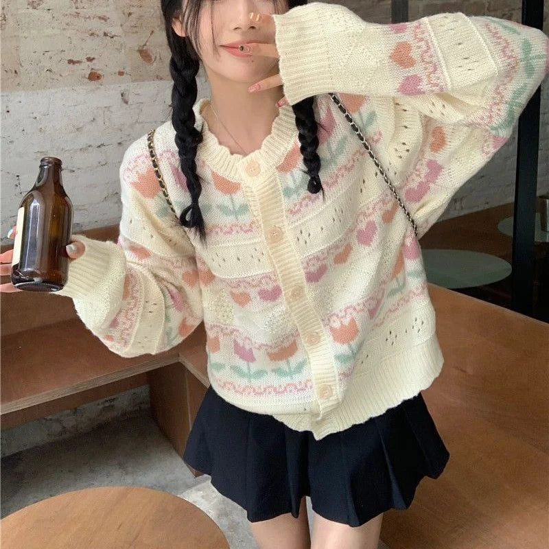 Fashion Printed Tops Sweater Women 2026 Outerwears Spring Autumn Warm Knitted Jacket Long Sleeve Women's Cardigans Coat