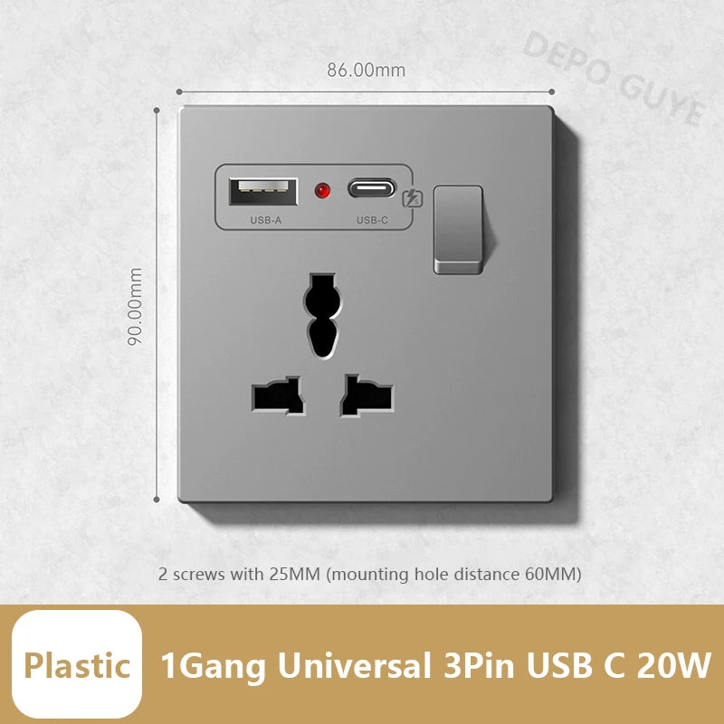 Universal 20W Type-C Wall Quick charge Socket,Dual Switch control Universal Power outlet,White UK Standard USB Interface Socket