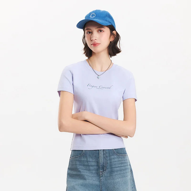 Semir Women Tshirt Slim Standard Shoulder Letter Print Crew Neck 2026 Summer Fashion Casual Style Soft Lightweight Daily Top