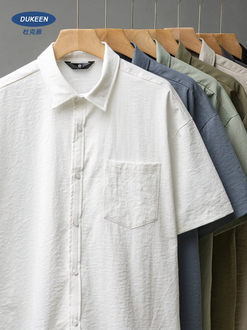 DUKEEN Ice Silk Coolness Short-Sleeve Shirts for Men 2025 Summer Casual Thin Solid Color Basic Tops White Men's Clothing