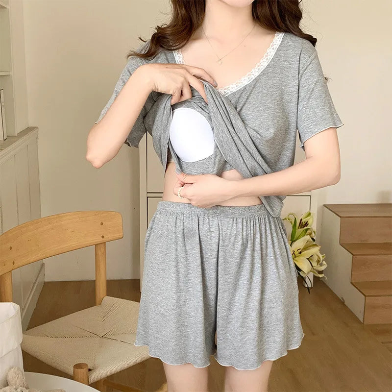 Modal Short Sleeve Sleepwear Woman Night Clothes 2 Piece Set Chest Cup Pajama Thin Summer Women's Suit Night Wear Female Pijama