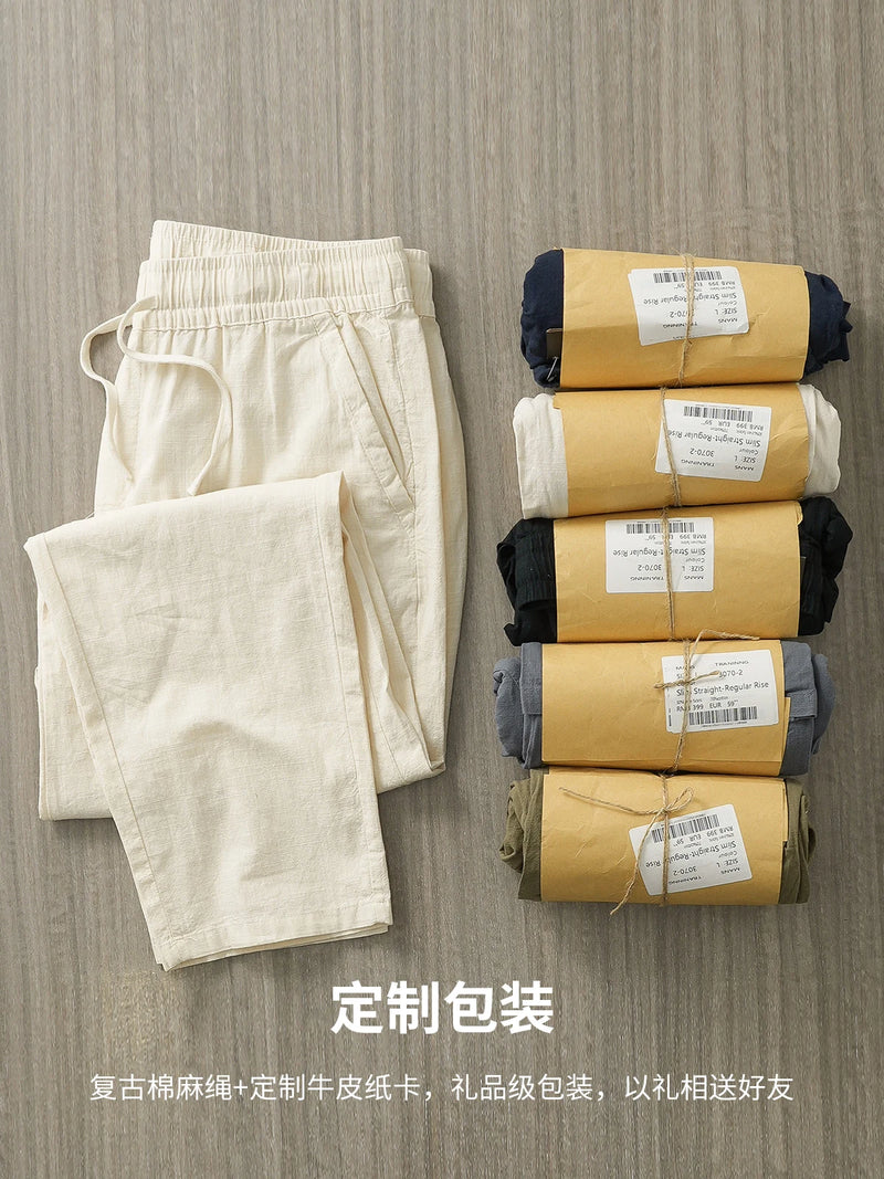 DUKEEN Breathable Linen Pants Men 2025 Summer Fashion Thin Ankle-Length Pants Elastic Waist Straight-Leg Men's Clothing