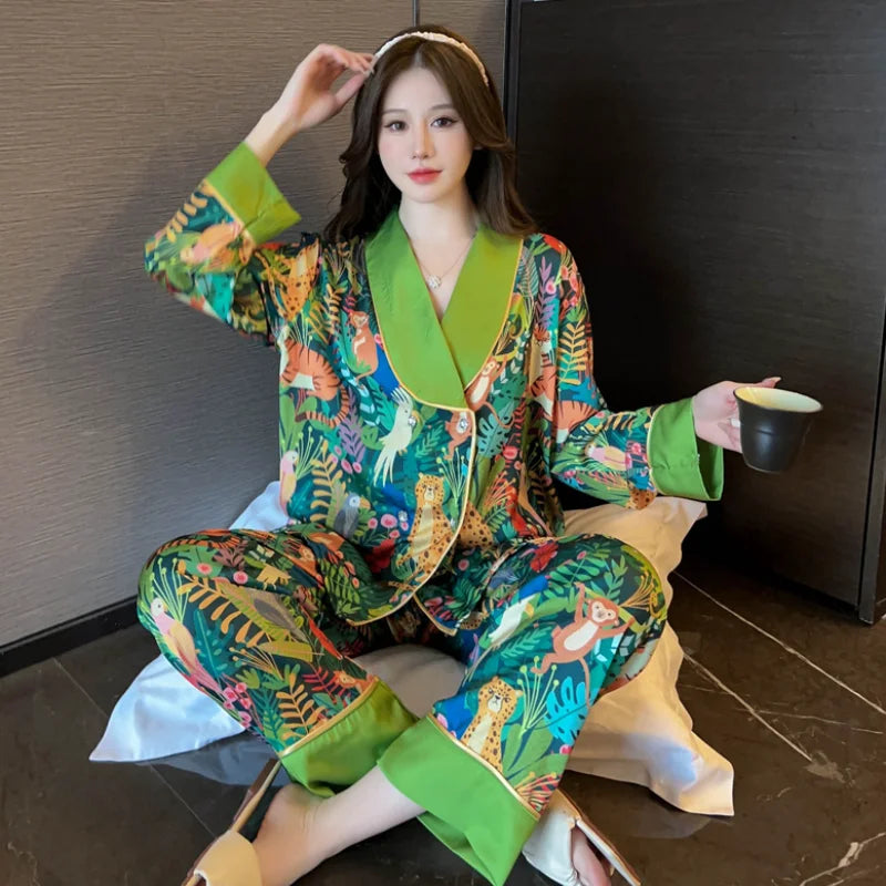 Print  Animal Flower V-neck Luxury Pajamas Set for Women Spring Autumn New Casual Home Suit Nightwear All-match Soft Pajamas