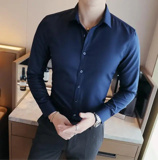 2026 New Men's Dark Green Slim-Fit Long Sleeve Shirt, Fashion Casual Business Top for Man in Black/White