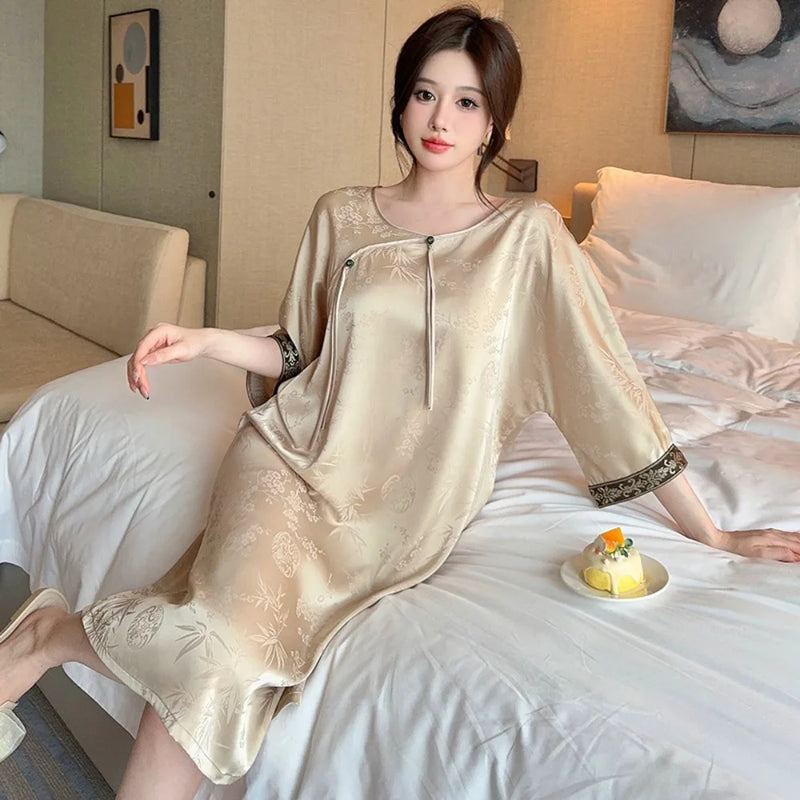 Women's Summer Dress Sleepwear Nightgown Women Home Wear Ice Silk Night Wears for Females Nightdress Loungewear Sleep Dress
