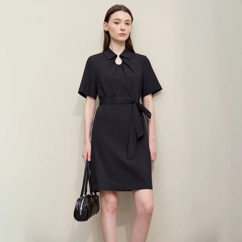 Amii Women's Dress 2026 Summer New Lapel Collar With Belted Short Sleeve Cotton Office Casual Shift Dress For Women 12622142
