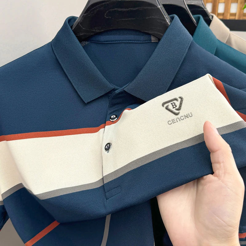 High Quality Man Short-Sleeved Polo Shirt Lapel Button Stripe Letter Print British Style Summer New T-Shirt Business Men's Wear