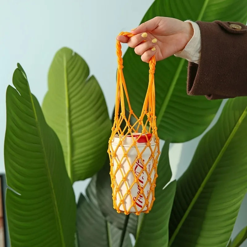 1pc Handwoven Reusable Cylindrical Mesh Bag,Reusable, Hand-Held Water Kettle Bag,Drink Bag,Portable for Beach,Picnics,Travel.