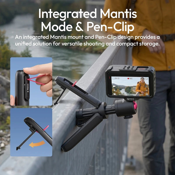 ជើងទ្រ Ulanzi MT55 SnapGo Mini Selfie Stick ជើងទ្រជាមួយ 1/4" ម៉ោន 360° ក្បាលបាល់ របៀប Mantis សម្រាប់កាមេរ៉ាសកម្មភាព ទូរស័ព្ទ Vlog ពន្លឺ