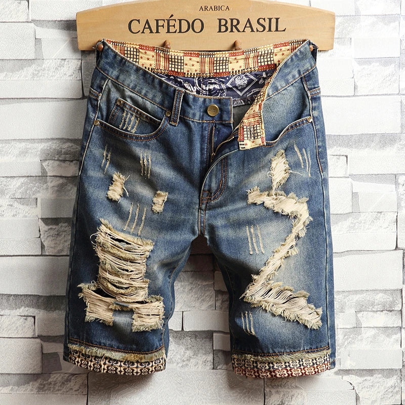 2026 Summer Men's Blue Ripped Jeans Shorts, Fashion Casual Denim Shorts, Plus Size 28-34 36 38 40 Men Slacks