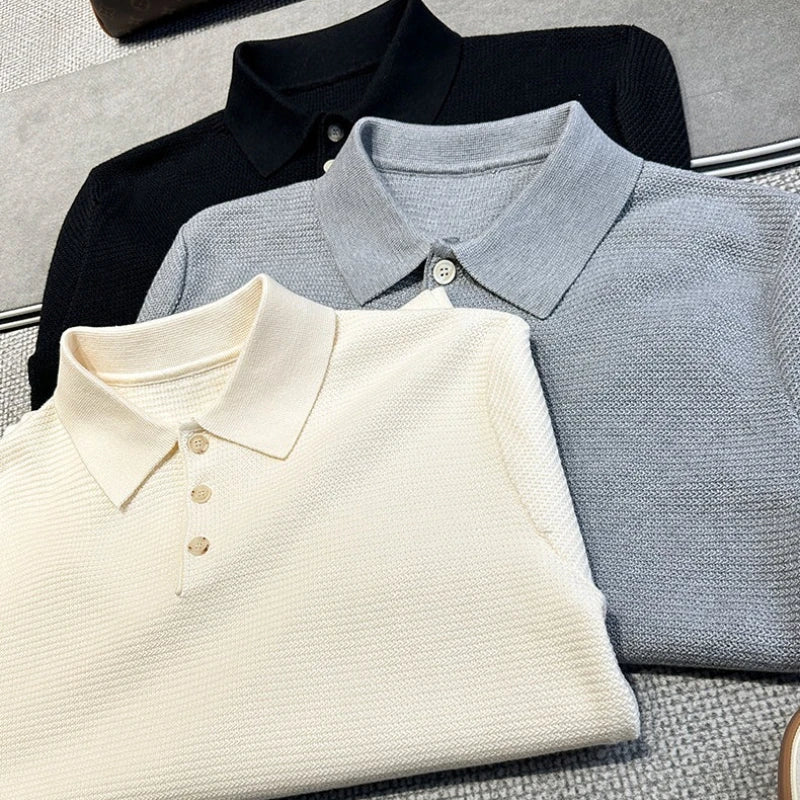 Men's Wool Blend Sweater, Polo Collar Shell Buttons, Old Money Style, Light Beige Gray