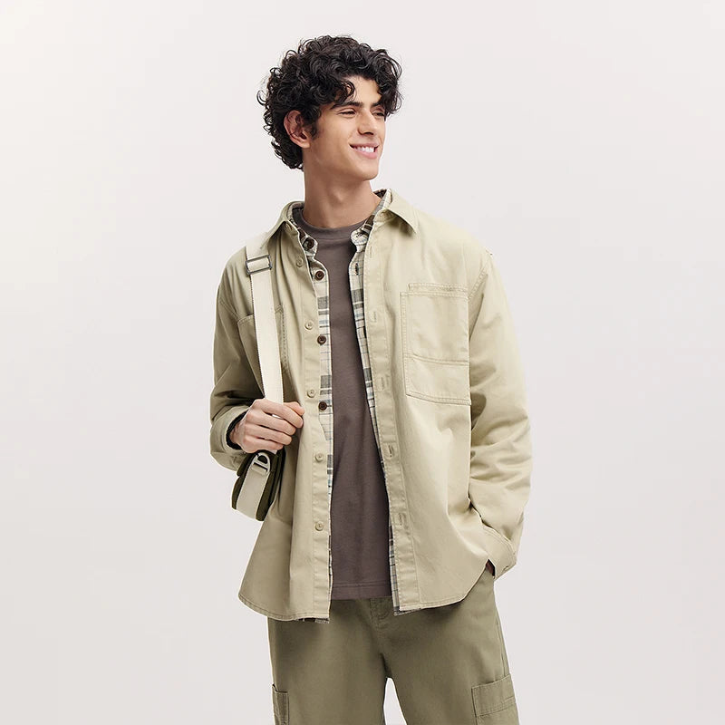 Semir Cargo Shirt Men Long Sleeve Cotton Twill Loose Lapel Fleece Casual Commute Daily Wear Spring Fashion Comfort Top