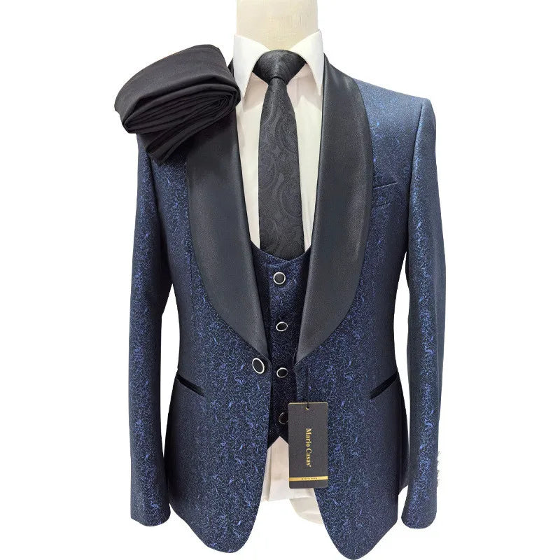 Men’s White Sequin & Crystal Embroidered Shawl Collar Blazer + Vest + Black Slim Fit Trousers - Dazzling Formal Suit Set