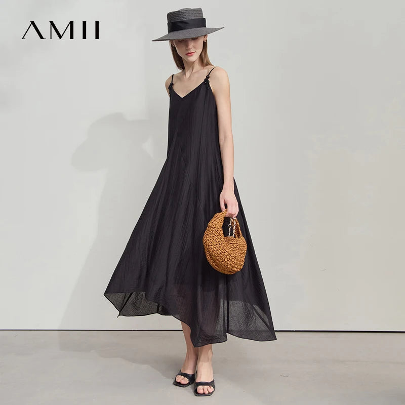 រ៉ូប Amii សម្រាប់នារី រចនាប័ទ្មថ្មី រដូវក្តៅ ឆ្នាំ២០២៥ មានអារម្មណ៍ស្រស់ស្រាយ ផ្កាអង្កាំ Lyocell កអាវរាងអក្សរ V ពណ៌ខ្មៅ រ៉ូប 12542047