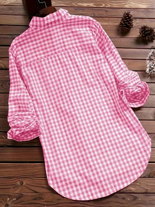 2027 New Women's Long-Sleeve Checkered Shirt, Available in Black, Gray, Blue, Red, and Pink.