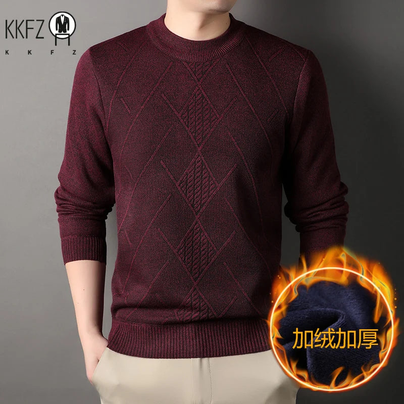 Stretch Crew Neck Male Knitted Pullover Embossed Diamond Pattern Fleece Lined Cold Proof Casual Long Sleeve Top