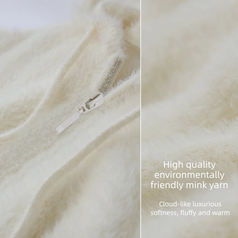 Amii Women's Hooded Zip Knit Cardigan Oversized Long Sleeve Mink Blend Casual Business Top for Women 2026 Autumn 12613025