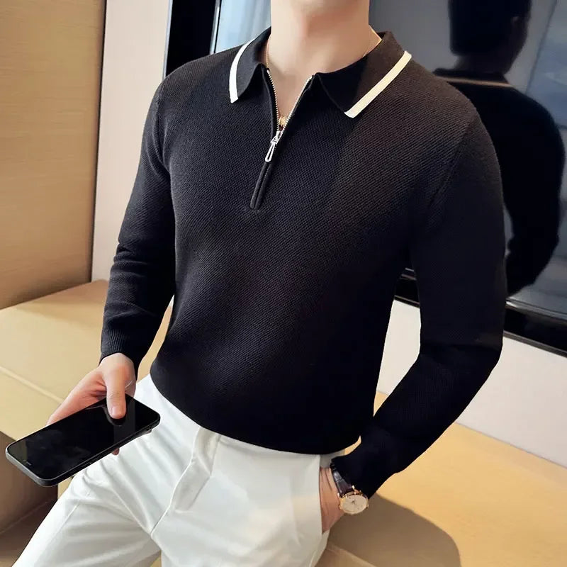 Men's Half Zip Polo Neck Knit Sweater, Color Block Design, Thick Winter Pullover, Business Casual High Collar Jumper