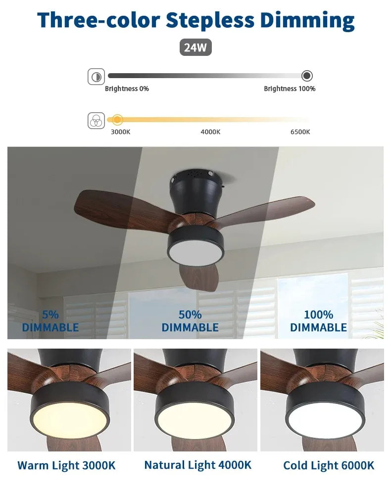 24-32 Inch Ceiling Fan Intelligent Remote Control 3speed with 3Color Lights Fan Nordic Style for Bedroom Dining Room Living Room