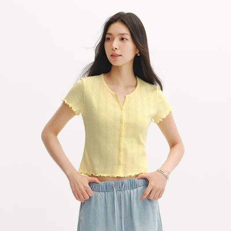 Semir Womens Tshirt 2026 Short Hollow Jacquard Texture Slim Pure Cotton Ruffle Edge Casual