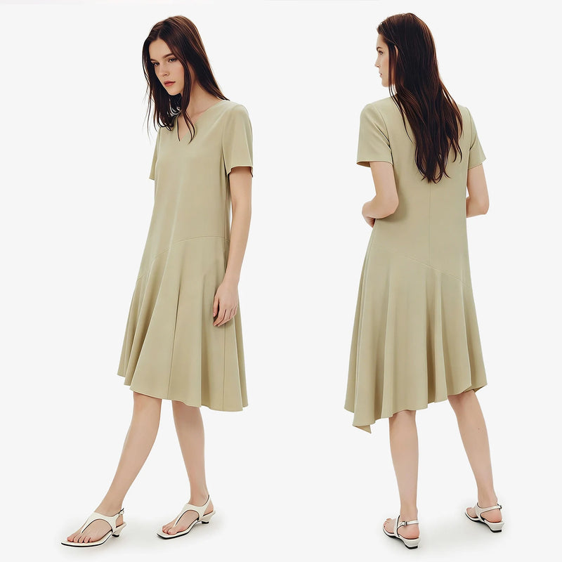 Amii Midi Dress Woman 2026 Summer New V Neck Loose Fit Asymmetric Hem Simple Office Casual Short Sleeve Dress For Women 12622137