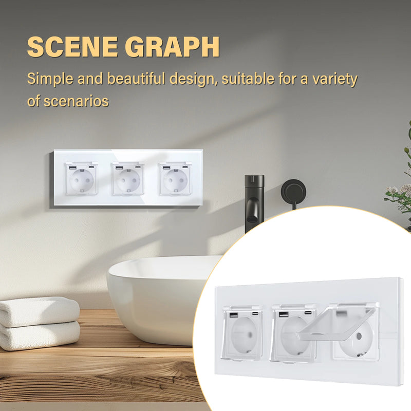 BSEED Touch Light Switch 1/2/3Gang 1Way EU Socket With Cover Glass Panel 300W Power Led Switches Waterproof USB Type-C Socket