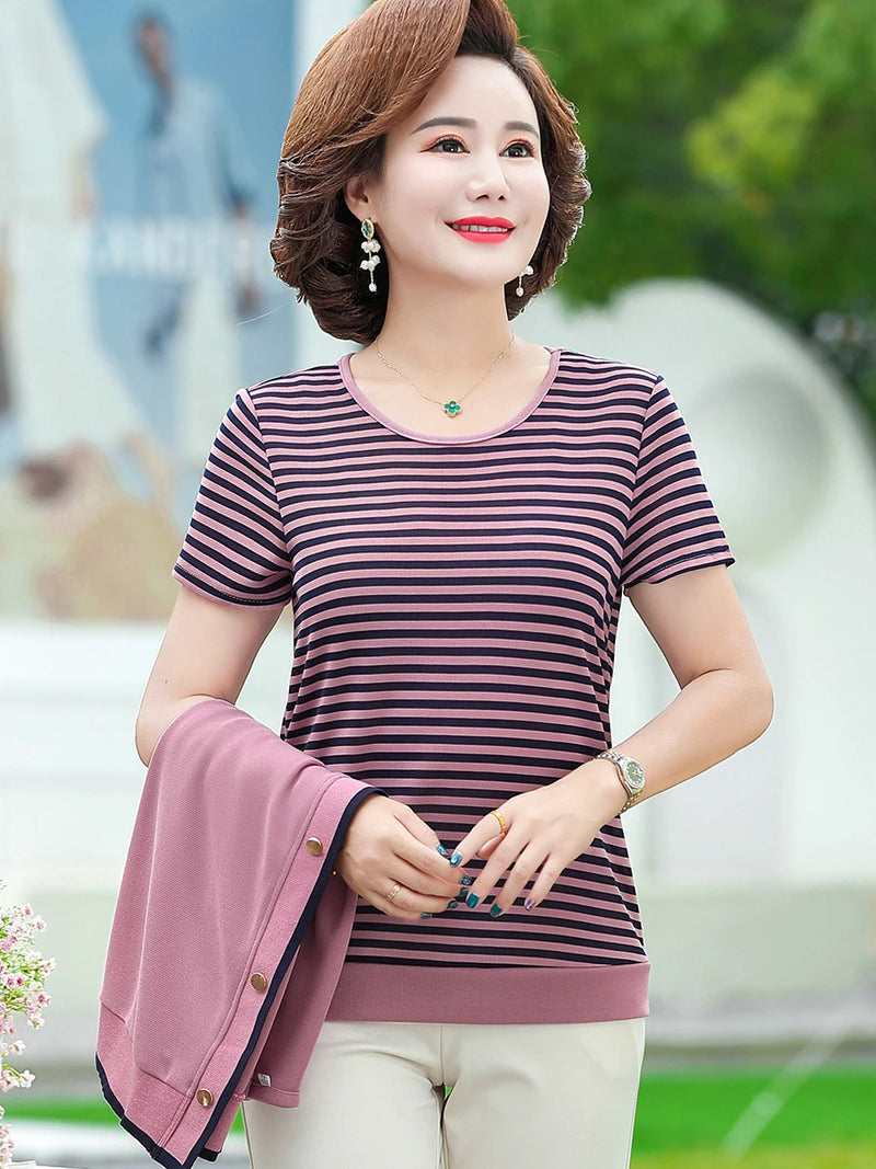 អាវយឺតដៃវែងប៉ាក់សម្រាប់ស្ត្រីវ័យកណ្តាល 2 ឈុត រដូវផ្ការីក រដូវស្លឹកឈើជ្រុះ សម្លៀកបំពាក់ម្តាយ Camisetas Mujer