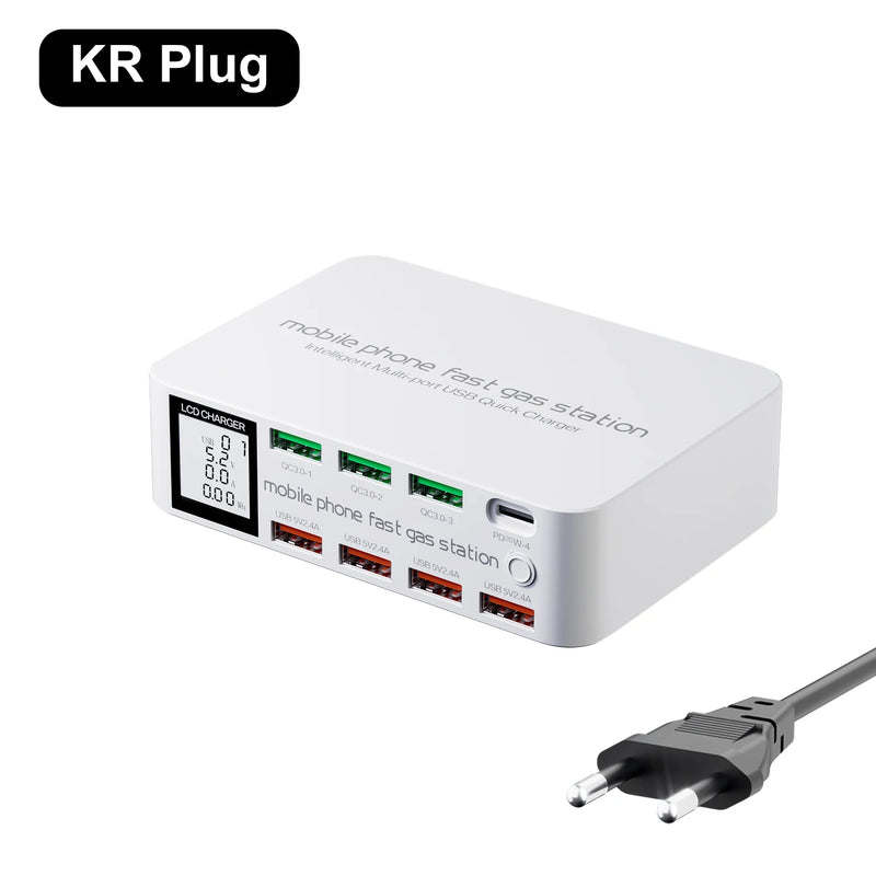 ឆ្នាំងសាក USB C 8 រន្ធ សាកលឿន QC3.0 PD3.0 ពហុ USB LCD អេក្រង់ឌីជីថល ស្ថានីយ៍សាកថ្មសម្រាប់ iPhone 17 16 Android