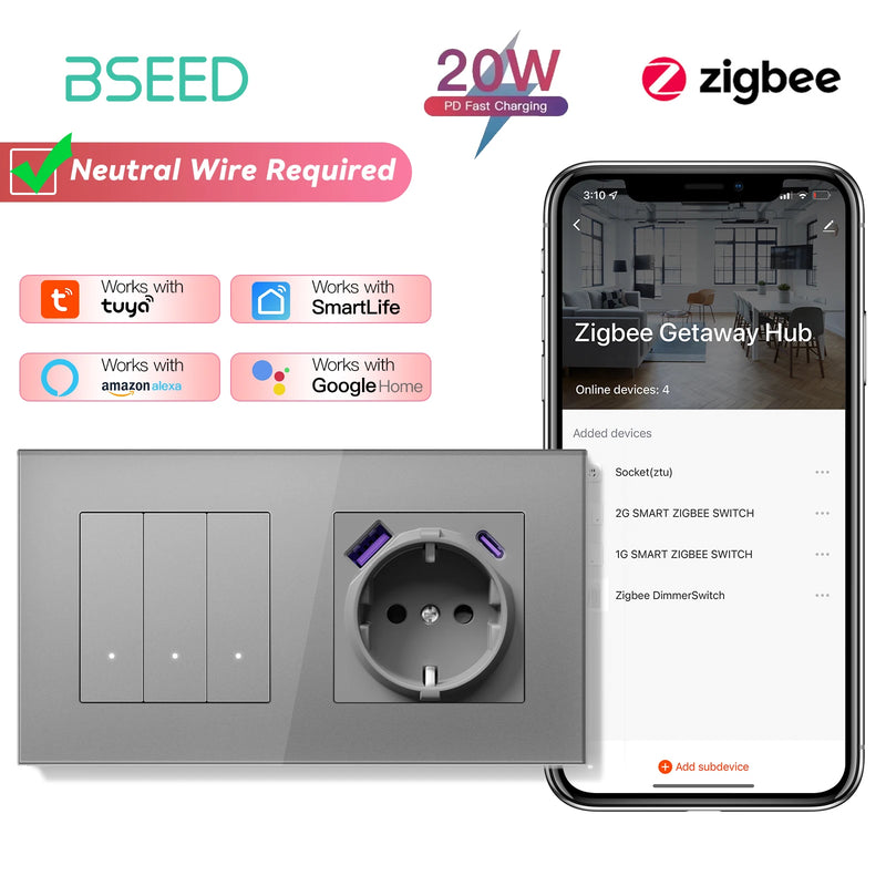 BSEED 1/2/3/4Gang Zigbee Smart Click Button Switch With EU Socket Glass Panel White LED Indicator Tuya Smart Life Alexa Control