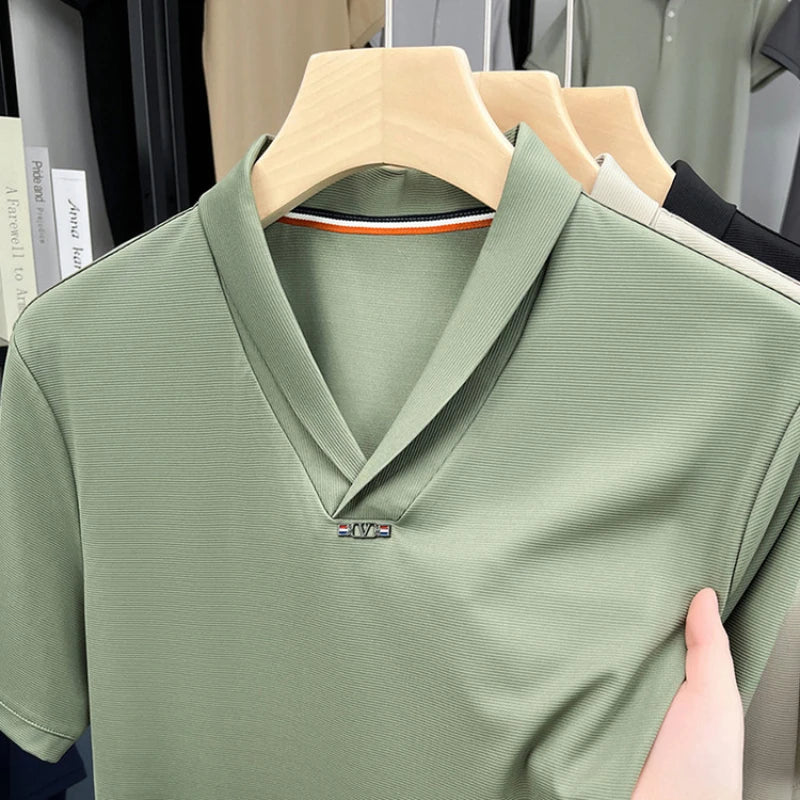 V-neck Elegant Men's Stretch Solid Color Short Sleeve T-shirt, Daily Commuting Top.2025 Summer New Arrivals