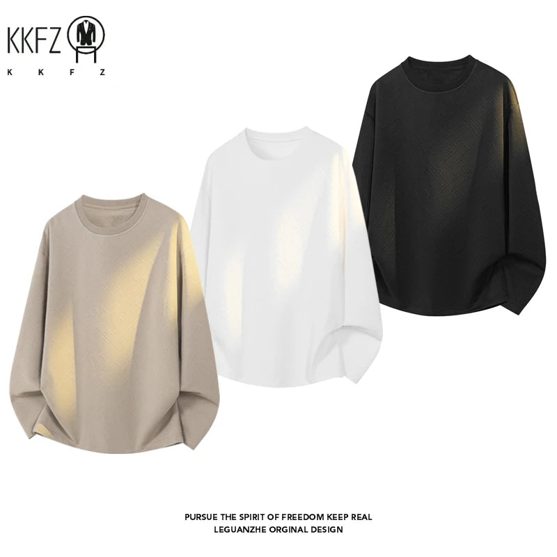 Mens Round Neck Long Sleeve Top Geometric Raised Texture Jacquard Fabric Loose Fit For Office Commute Leisure Outfit