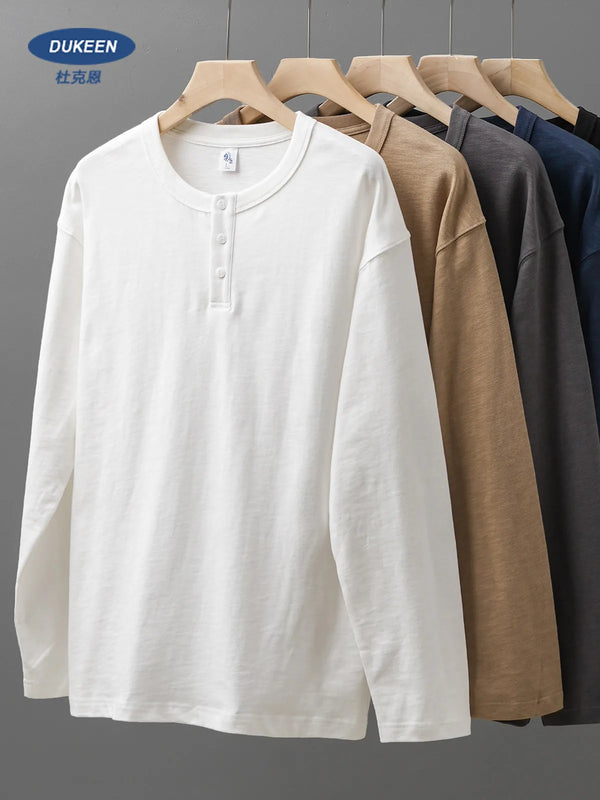 Dukeen 320G Heavyweight 100% Cotton Henley Neck T Shirt for Men Long-Sleeved Spring Autumn Casual Tops Solid Color Undershirts