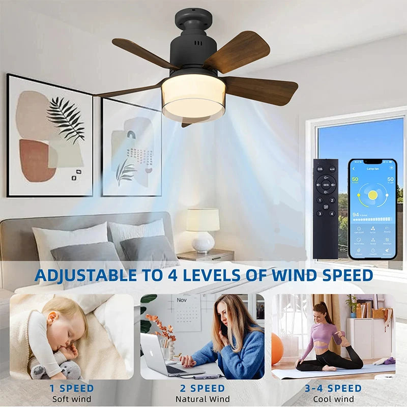 កង្ហារពិដានឆ្លាតវៃ E27 អំពូល LED បញ្ជាដោយកម្មវិធីប៊្លូធូស 4 ល្បឿន បញ្ជាពីចម្ងាយ កំណត់ម៉ោង រចនាស្ងាត់ កង្ហារពិដានសម្រាប់ការតុបតែងបន្ទប់គេង