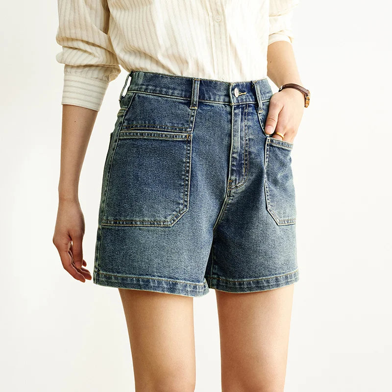 Semir Womens Denim Shorts 2026 Vintage Washed Semi Elastic Waist Straight Casual Soft