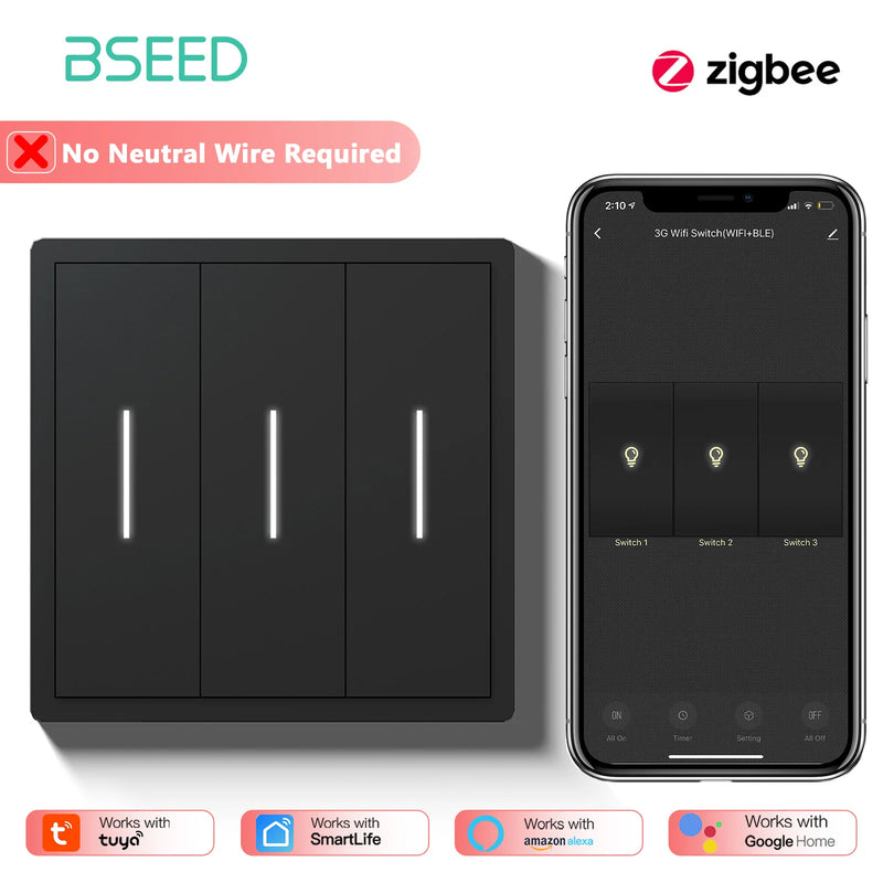BSEED Zigbee Button Light Switch 1/2/3/4Gang Smart Wall Switch Tuya Smart Life Alexa Voice Control Plastic Frame No Neutral Line