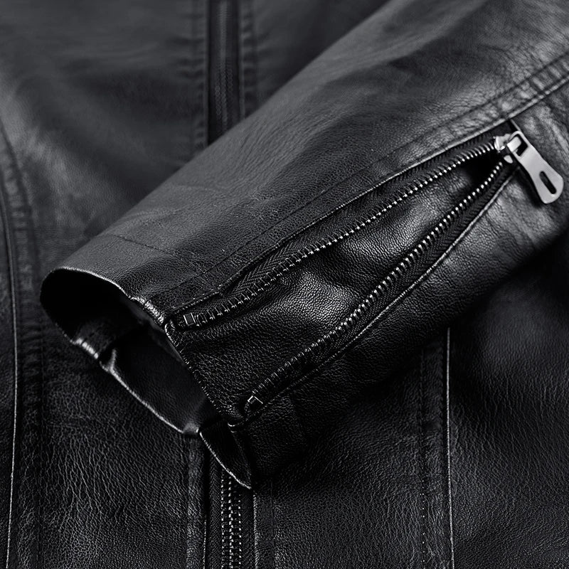 2026 Autumn/Winter Men's Fashionable Leather Jacket, Slim Fit, Lapel Collar, Zipper Front, Casual Style