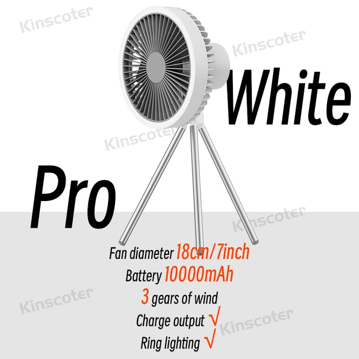 KINSCOTER 10000mAh Camping Tent Fan Multifunctional Rechargeable Desktop Fan USB Outdoor Ceiling Fan with LED Light Lamp Pro White